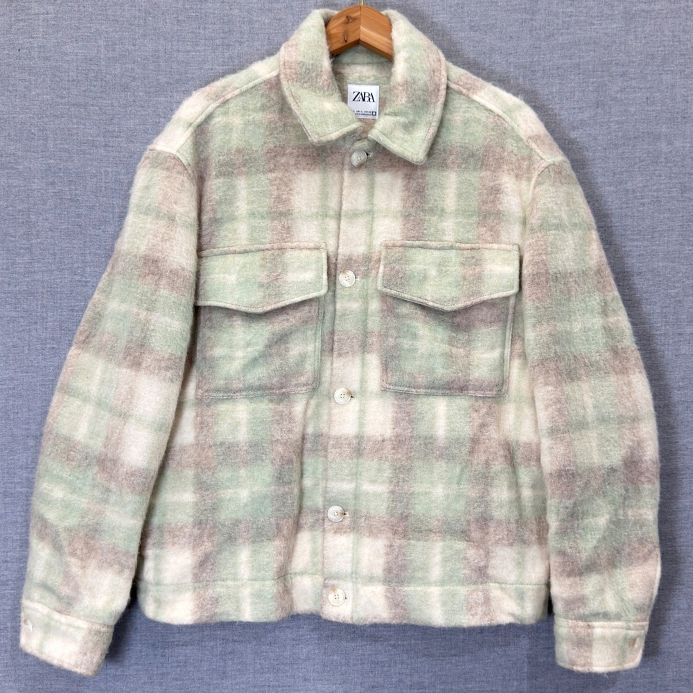 Zara Mens Plaid Fuzzy Trucker Jacket Green Tan Size Large